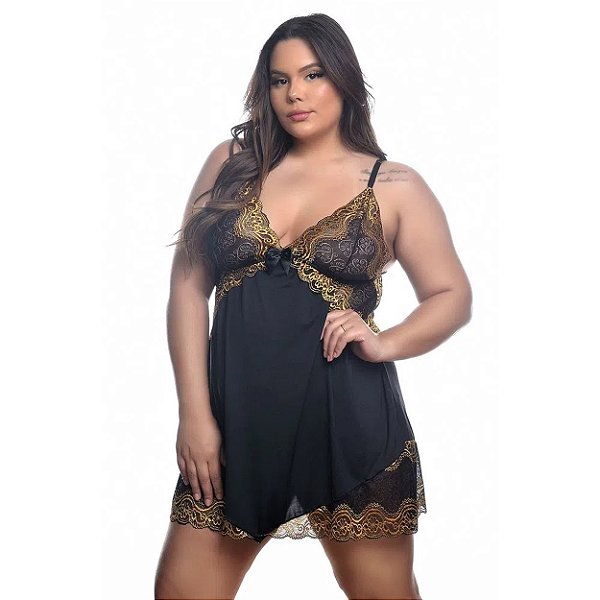 Camisola Plus Size Em Tule E Detalhes Rendados Bicolor Hot Love - Preto Com Dourado - 50