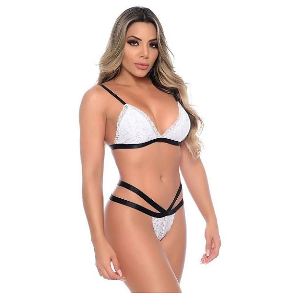 Conjunto Strappy Sem Bojo Em Renda Floral Patitex - Branco - GG