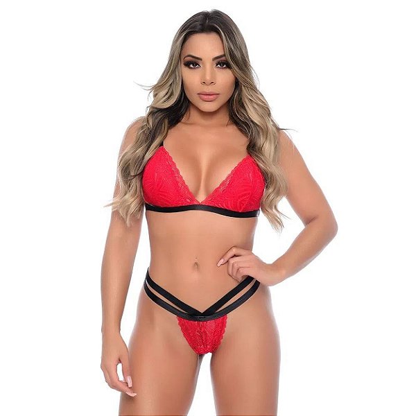 Conjunto Strappy Sem Bojo Em Renda Floral Patitex - Vermelho - P