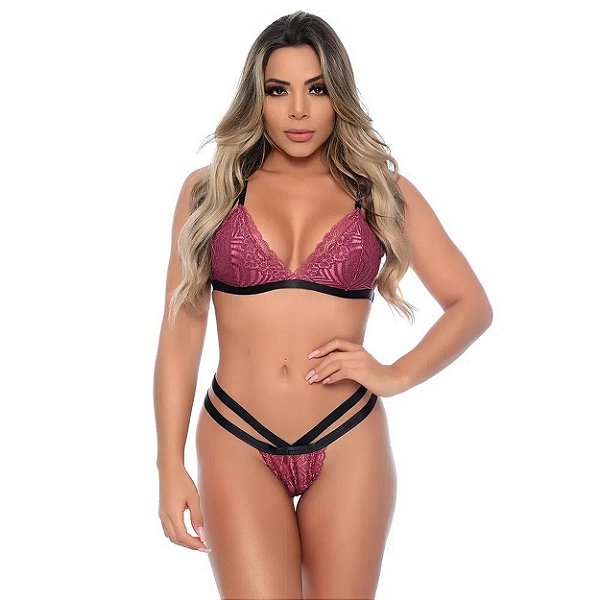 Conjunto Strappy Sem Bojo Em Renda Floral Patitex - Vinho - P
