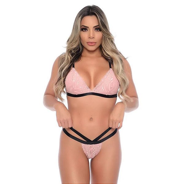 Conjunto Strappy Sem Bojo Em Renda Floral Patitex - Rosê - P