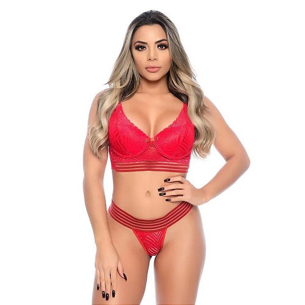 Conjunto Mayara Com Bojo E Faixa Tiras Em Renda Floral Patitex - Vermelho - P