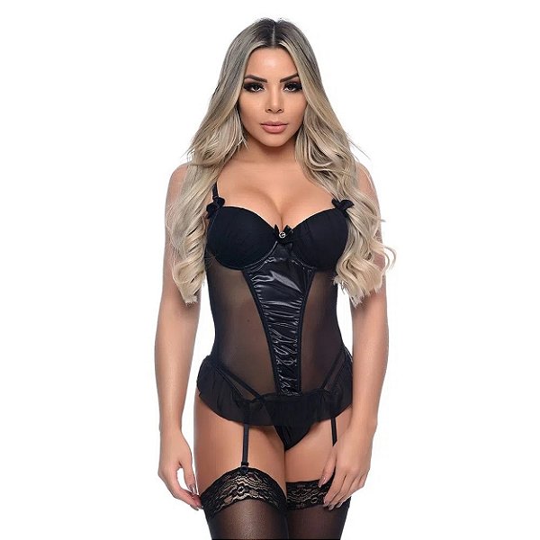 Espartilho Em Tule Com Detalhes Em Cetim E Strass Macler - Preto - P