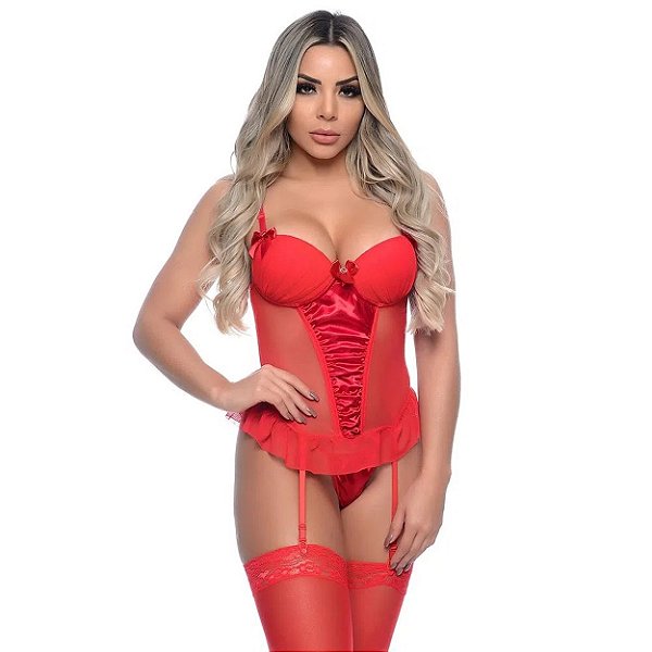 Espartilho Em Tule Com Detalhes Em Cetim E Strass Macler - Vermelho - GG