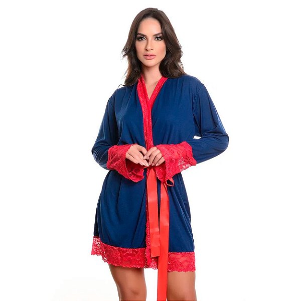 Robe Manga Longa Com Detalhes Rendados Hot Love - Azul Marinho Com Vermelho
