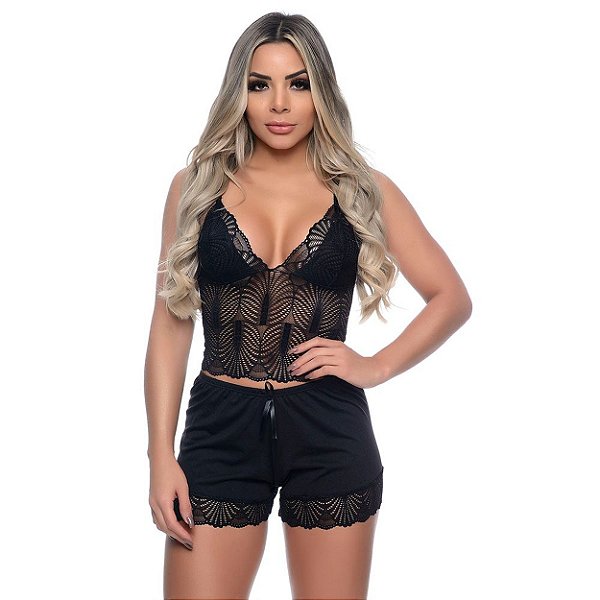 Short Doll Em Malha Com Renda Sexy Hot Love - Preto - M