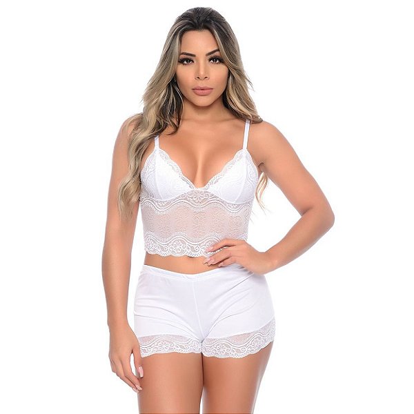 Short Doll Em Malha Com Renda Sexy Hot Love - Branco - P
