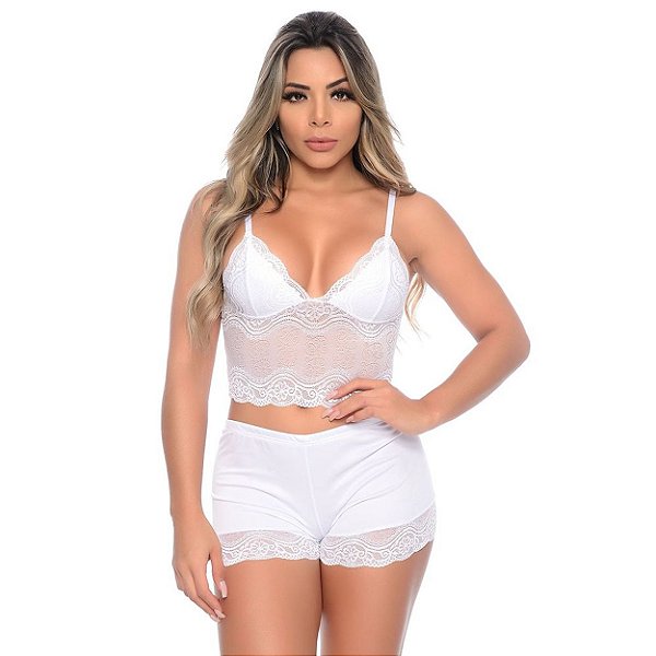 Short Doll Em Malha Com Renda Sexy Hot Love - Branco - G