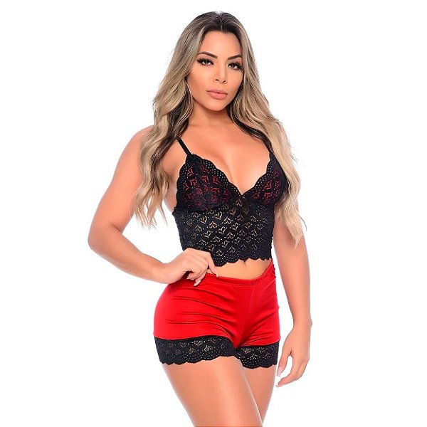 Short Doll Em Malha Com Renda Sexy Hot Love - Vermelho Com Preto - P