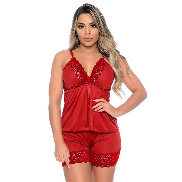 Short Doll Com Fita Cetim Em Malha Hot Love - Vermelho - P