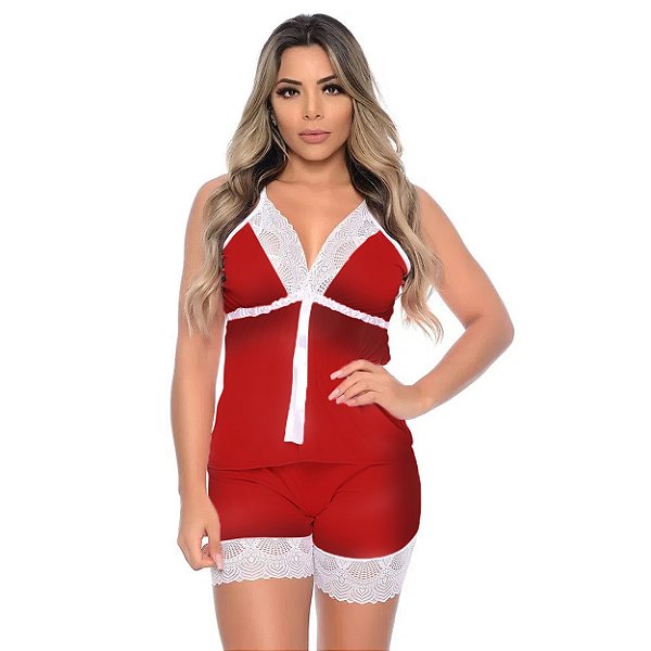 Short Doll Com Fita Cetim Em Malha Hot Love - Vermelho Com Branco - M