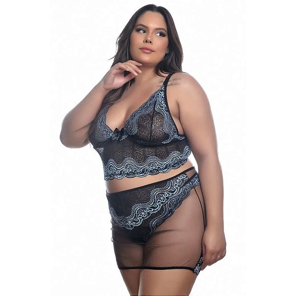 Conjunto Sensual Bicolor Com Sainha Plus Size Hot Love - Preto Com Azul - 50