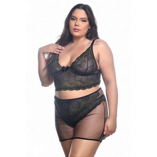 Conjunto Sensual Bicolor Com Sainha Plus Size Hot Love - Preto Com Verde - 50