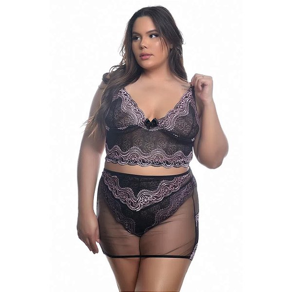 Conjunto Sensual Bicolor Com Sainha Plus Size Hot Love - Preto Com Rosa - 48