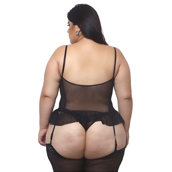 Espartilho Plus Size Bojo Cetim Com Tule E Renda Macler - Preto - 50