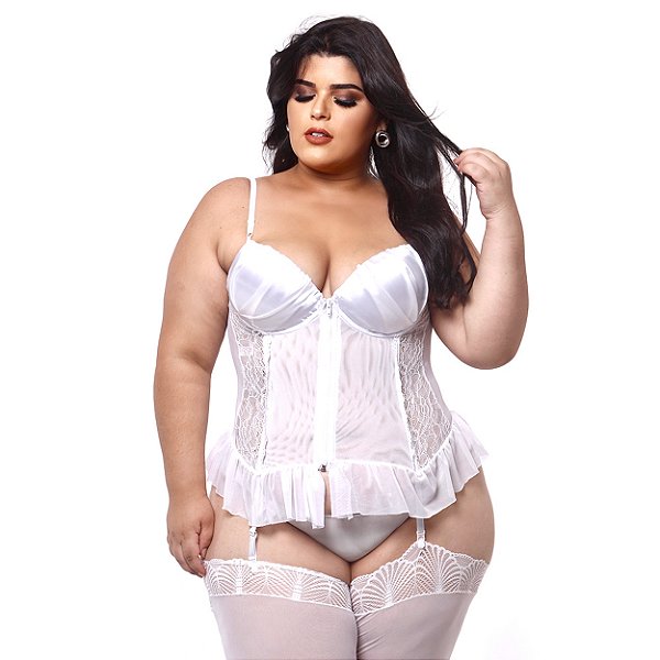 Espartilho Plus Size Bojo Cetim Com Tule E Renda Macler - Branco - 48
