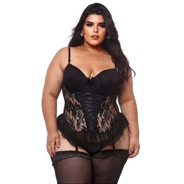 Espartilho Plus Size Com Bojo Drapeado E Fita De Cetim Trançada Macler - Preto - 50