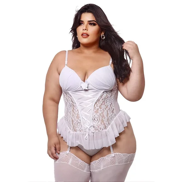 Espartilho Plus Size Com Bojo Drapeado E Fita De Cetim Trançada Macler - Branco - 50