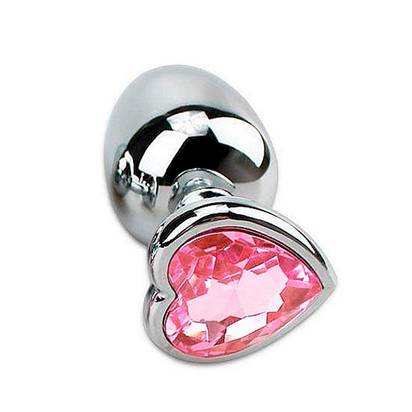 Plug Anal De Aço Inoxidável Cromado Com Pedra Formato Coração Tamanho M Sexy Import - Rosa