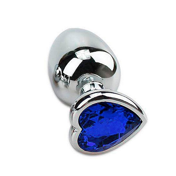 Plug Anal De Aço Inoxidável Cromado Com Pedra Formato Coração Tamanho M Sexy Import - Azul