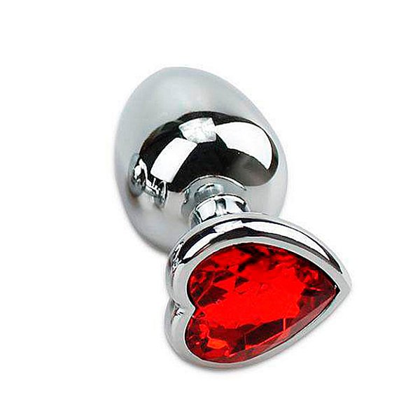 Plug Anal De Aço Inoxidável Cromado Com Pedra Formato Coração Tamanho M Sexy Import - Vermelho