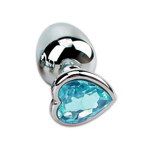 Plug Anal De Aço Inoxidável Cromado Com Pedra Formato Coração Tamanho M Sexy Import - Azul Claro