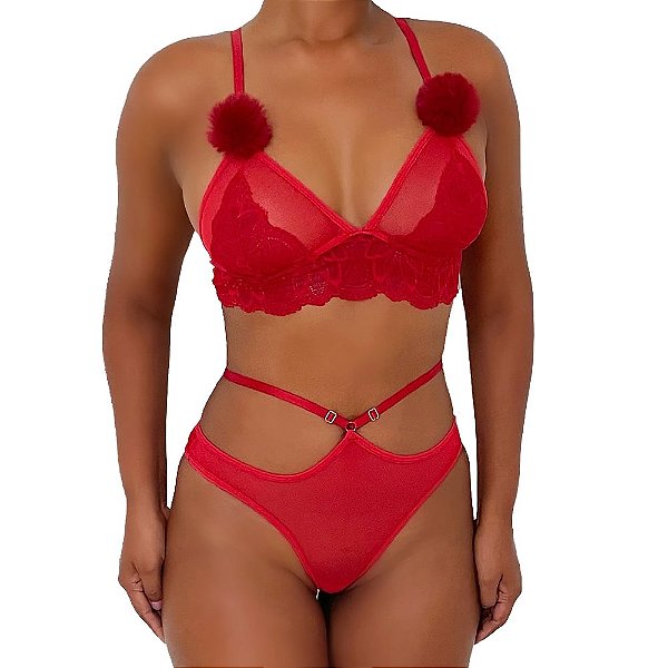 Conjunto Sensual Pompom Moda Apimentada - Vermelho - P