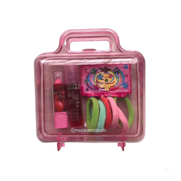 Kit Infantil Batom, Brilho Labial, Elástico Xuxinha de Cabelo e Maletinha Acrílica