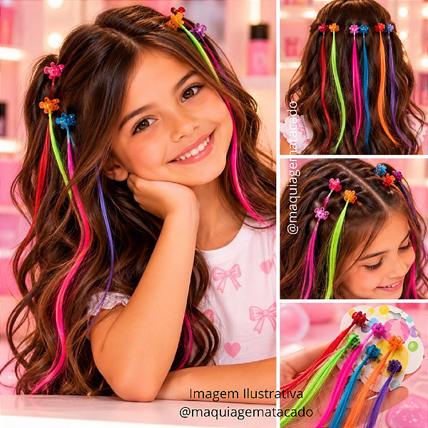 Mechas Coloridas de Cabelo com Mini Piranha Presilha Cartela com 06 Unidades Cores Aleatória