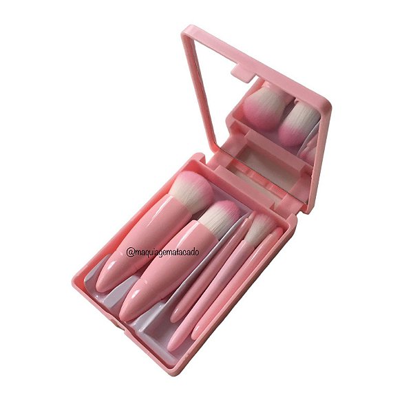 Kit 05 Mini Pincéis com Case e Espelho Rosa QBM806