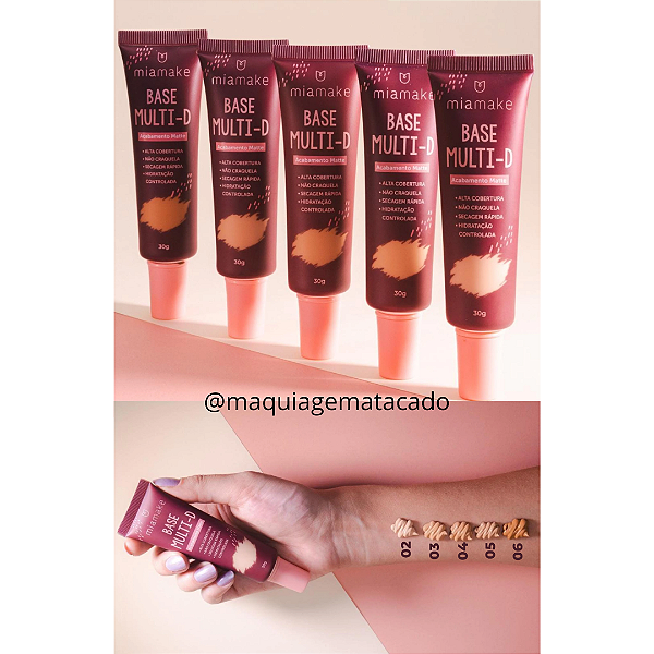 Kit 05 Unidades Base Líquida Multi-D Acabamento Matte Alta Cobertura Mia Make 414