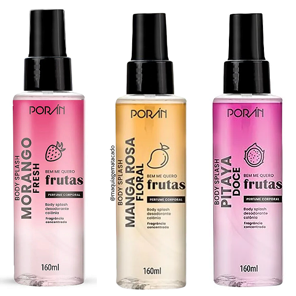 Kit 03 Unidades Body Splash Perfume Corporal Porán Manga Rosa, Morango e Pitaya