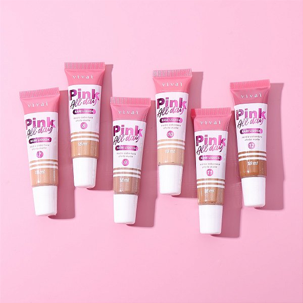 Kit 06 Unidades Base Líquida Efeito Matte Pink All Day Vivai 1104 Cores Médias Escuras 18ml