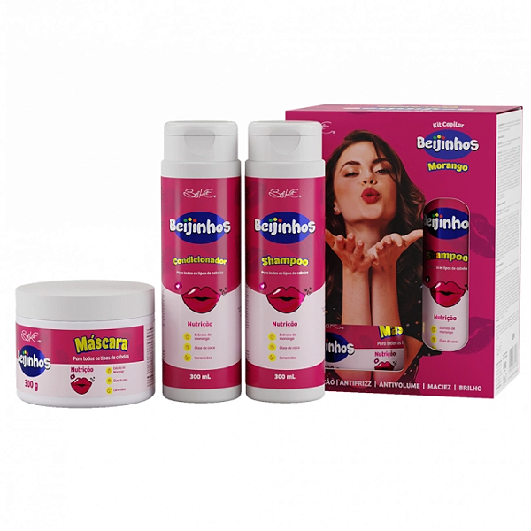 Kit Capilar Shampoo, Condicionador e Máscara Beijinhos Belkit Morango BK468