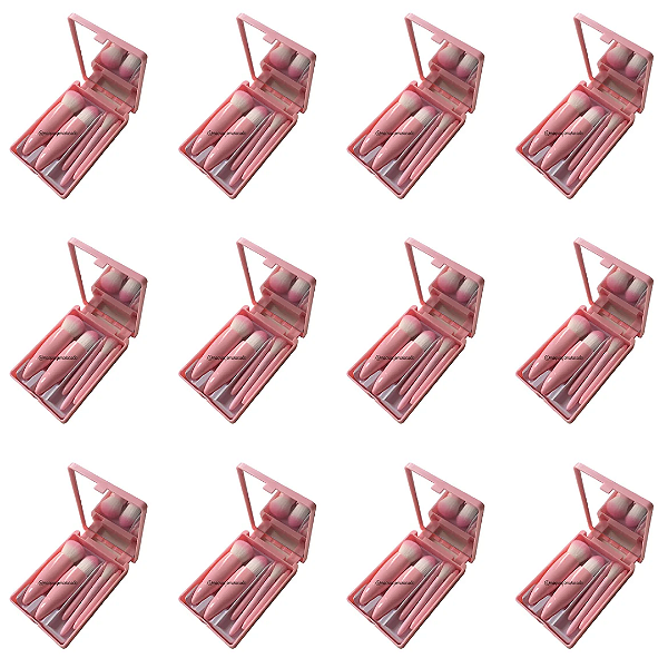 12 Unidades Kit 05 Mini Pincéis com Case e Espelho Rosa QBM806 Atacado Box Fechado