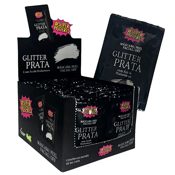 Máscara Facial Peel Off Glitter Prata com Ácido Hialurônico Sachê 8g Super Poderes MFSP39 Atacado Box 60 Unidades