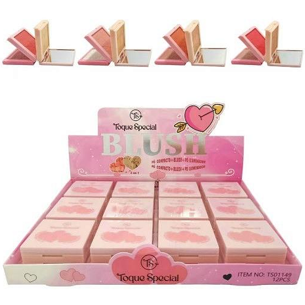 3 em 1 Pó Compacto, Blush e Iluminador Toque Special TS01149 Atacado Box 12 Unidades
