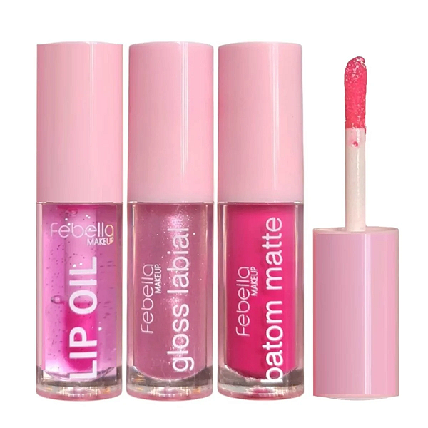 Kit Boca Linda Batom Matte, Gloss e Lip Oil Febella BM40215 Mod 05