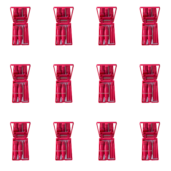 12 Unidades Kit 05 Mini Pincéis com Case e Espelho Rosa Pink QBM806-1 Atacado Box Fechado