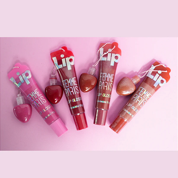 Kit 04 Unidades Lip Gloss com Chaveiro de Mini Gloss Brilho Labial Femme Paris FR117