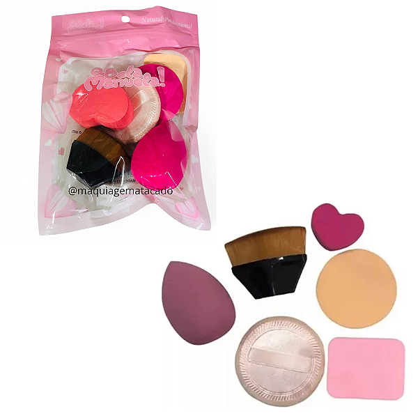 Kit 05 Esponjas e 01 Pincel Hexagonal Para Maquiagem Cor Aleatória Q Bela Manuela QBM533