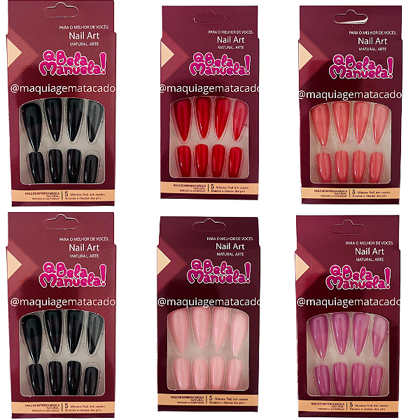 Kit 06 Cartelas Unhas Postiças Stiletto Autocolante QBM755