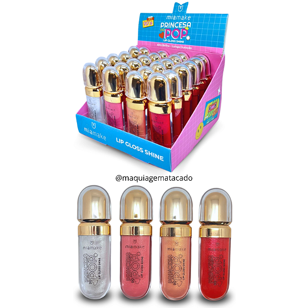 Lip Gloss Shine Princesa do Pop Mia Make 489 Atacado Box 24 Unidades