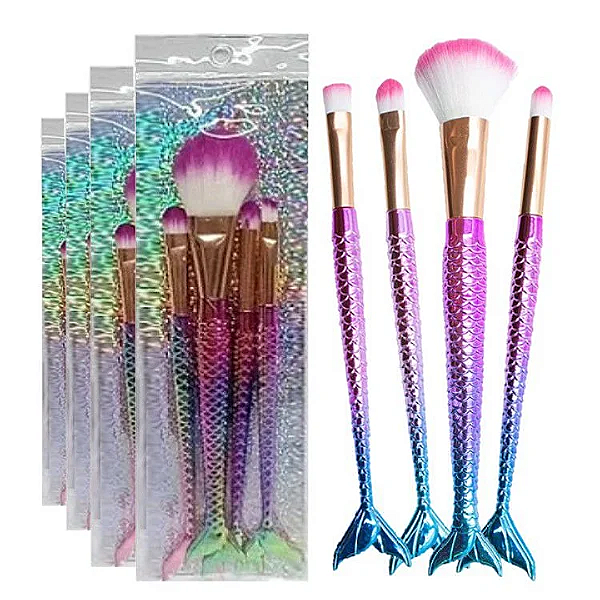 12 Unidades Kit 04 Pincéis Sereia QBM0802 Cores Aleatórias Atacado Box Fechado