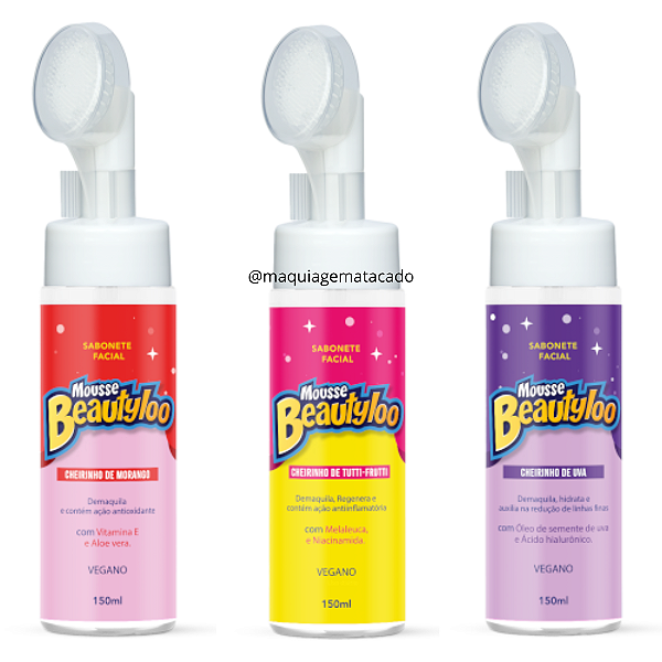 Kit 03 Unidades Mousse Sabonete Facial Beautyloo Morango, Tutti Frutti e Uva