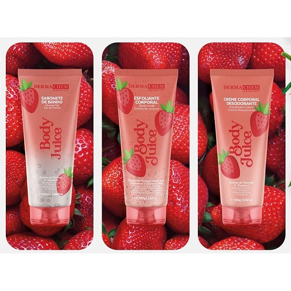 Kit 03 Unidades Corporal Body Juice Morango Dermachem Sabonete, Esfoliante e Creme