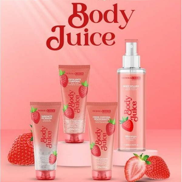 Kit 04 Unidades Corporal Body Juice Morango Dermachem Sabonete, Esfoliante, Creme e Body Splash