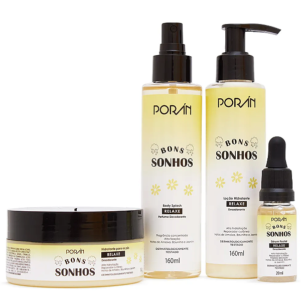 Kit Bons Sonhos Porán Relaxe: Body Splash, Hidratante Para os Pés, Loção Hidratante e Sérum Facial