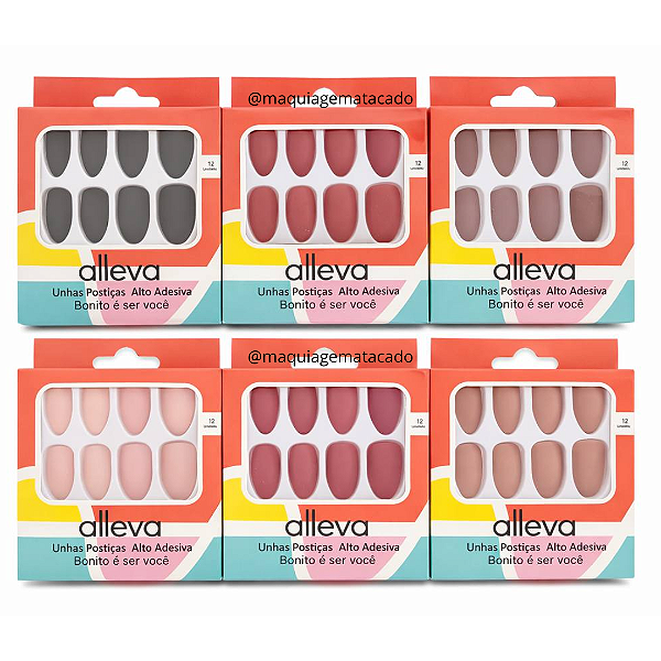 Kit 06 Cartelas Unhas Postiças Oval Autocolante Alleva AL221-007-6-4