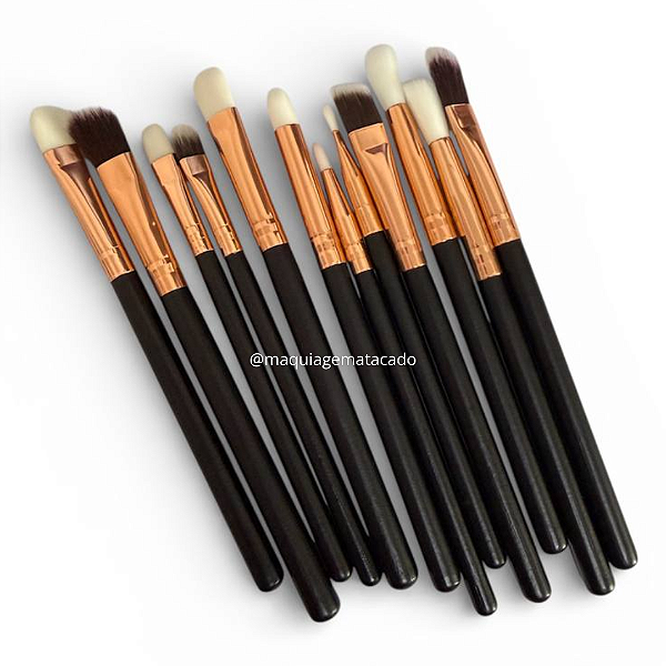 Kit 12 Pincéis para Maquiagem com Necessaire Plástica com Glitter K12PNec Preto